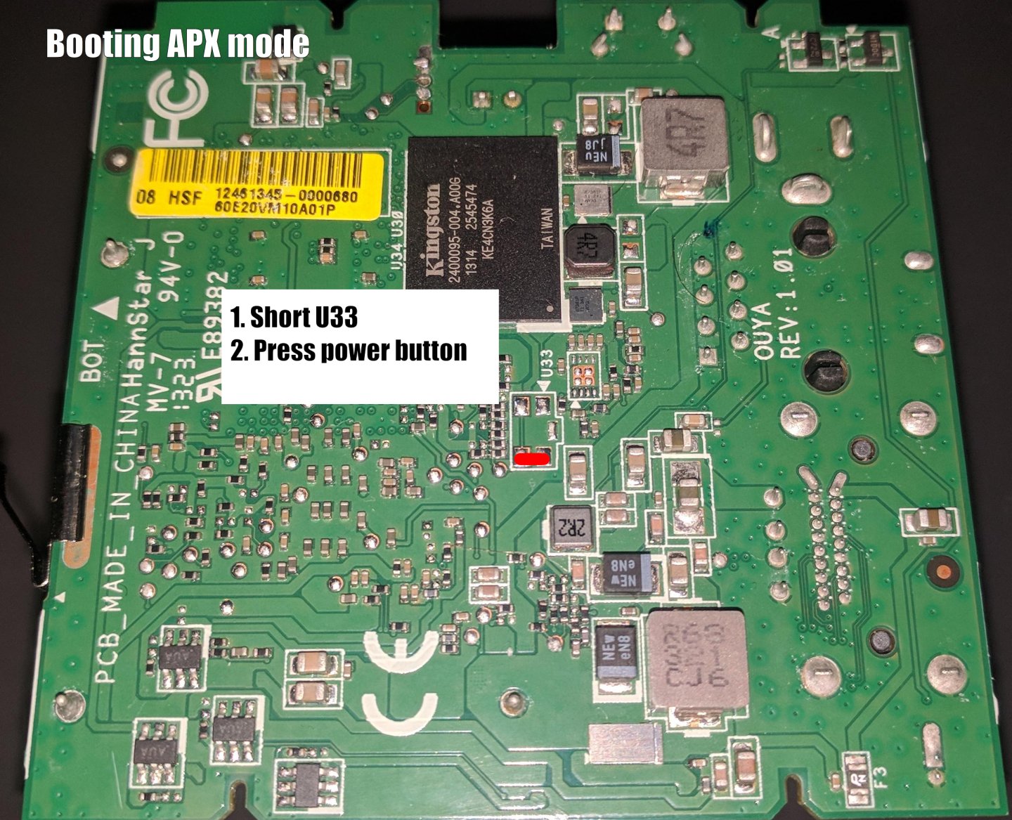 The two adjacent pads in the U33 section, opposite where that label is printed, are highlighted as the ones to bridge.